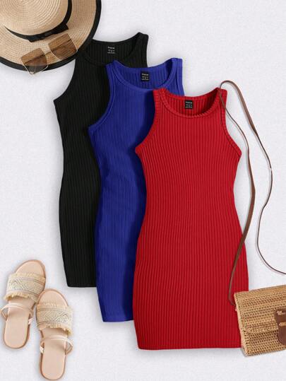 SHEIN LUNE 3pcs/Set Women's Solid Color Crew Neck Sleeveless Bodycon Casual Dress,Casual