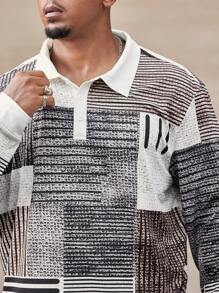 Manfinity Homme Camisa polo de manga larga con bloques de color y rayas de moda para hombres de talla grande, urbana para otoño