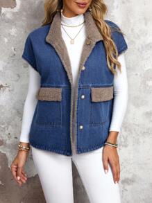 SHEIN LUNE Women's Reversible Loose Fit Denim Vest Jacket For Fall & Winter Thickened Denim
