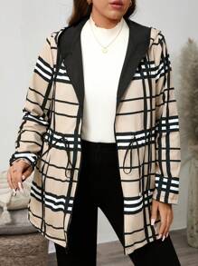 SHEIN LUNE 大码女式格子印花抽绳腰带帽双面休闲夹克，秋季 - 黑色 - 查看 6