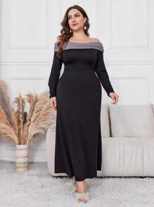Modelyn Plus Size Spring & Autumn Elegant Color Blocking Off-Shoulder Long Dress, Elegant Fitted Maxi Length Dresses, For Casual Daily/At Home/Outdoor Lounging Around - Black - View 3