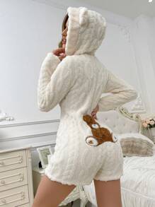 SHEIN Animal Shaped Hooded Bear Embroidered Plush Fluffy Rompers For Women  Cozy And Elegant Details, For Fall Winter - Apricot - View 6