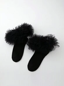 ROMWE Kawaii Women Mesh Contrast Ruffle Hem Knee High Socks