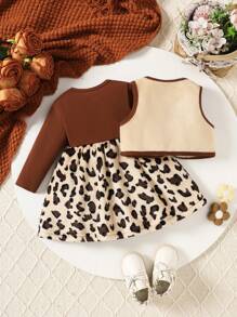 2pcs Toddler Girls Leopard Print Kitty Embroidery Outfit, Plush Vest + Contrast Color Leopard Print Dress, Fall/Winter - Brown - View 2