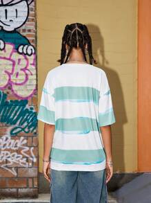 SHEIN Sports Colorblock Striped Print Crew Neck Short Sleeve Sports T-Shirt, Summer - White - View 7