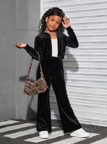 SHEIN Tween Girls' Velvet Hooded Cardigan & Pants Sporty Casual Set