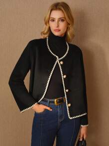 MOTF PREMIUM 羊毛对比色绑带单排扣大衣 - 黑色 - 查看 8