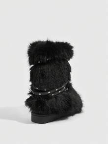 Sugerpunk Giày bốt mùa đông mềm mại màu trơn thời trang dành cho nữ - màu đen - Xem 4