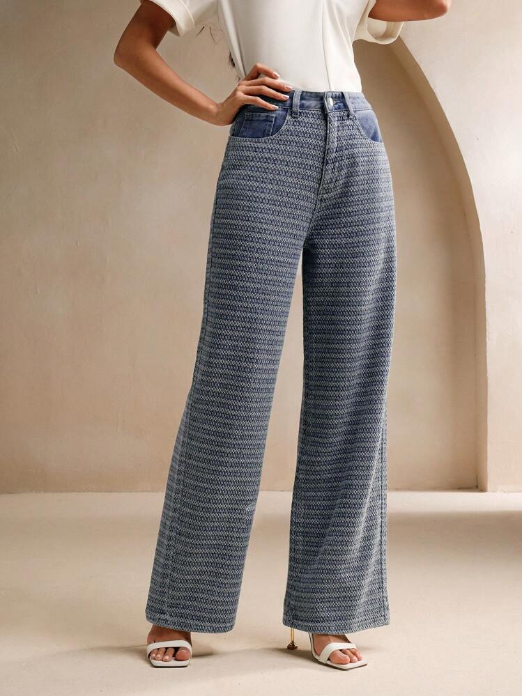 Anewsta Calça Denim Casual de Perna Larga com Bolsos e Ajuste Relaxado Jacquard para Mulheres - Azul - Visão 8