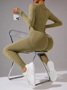 SHEIN Yoga Basic 女士纯色长袖和长裤无缝运动服套装女士健身套装 - 卡其色 - 查看 3