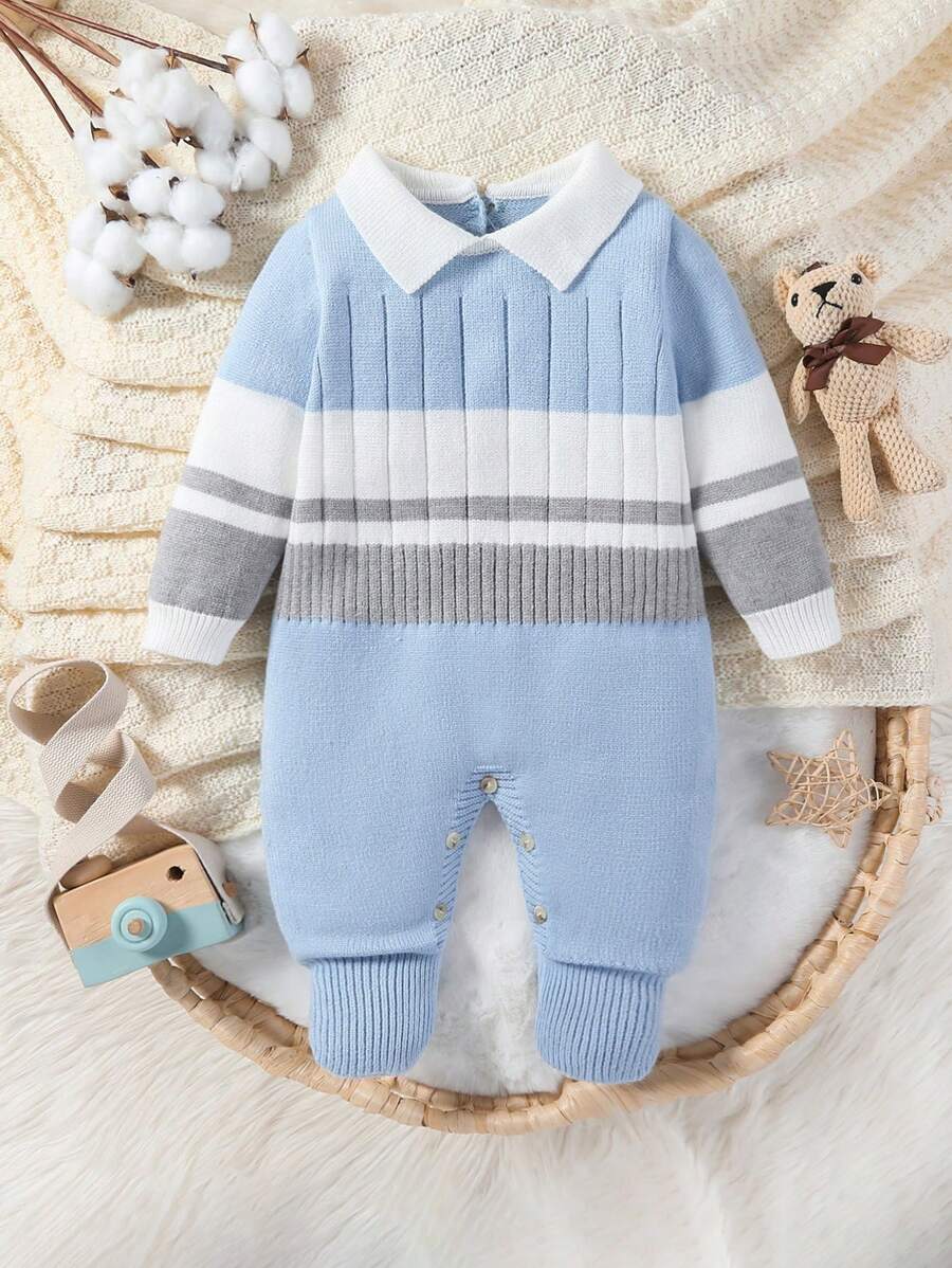 SHEIN Macacão de Tricô com Gola Listrada para Bebê Meninos - Azul, Cinza, Branco, Confortável e Quente, Adequado para Outono/Inverno