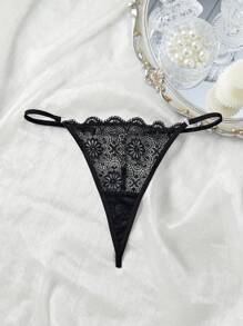 MidnightGlam 1 件女士水晶装饰性感蕾丝丁字裤内衣 - 黑色 - 查看 5