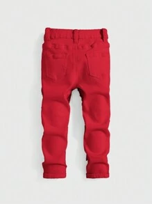 SHEIN 年轻男孩破洞水洗休闲白色牛仔裤，适合年轻男孩服装 - 紅色 - 查看 2