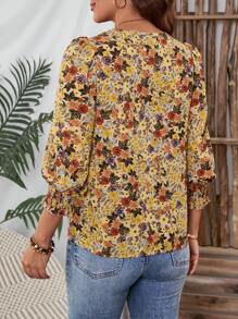 EMERY ROSE 女式休闲花卉印花褶皱袖口衬衫，秋季