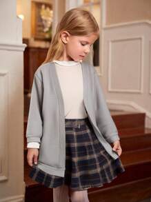 Girls Casual Long Sleeve Solid Knitted Cardigan Sweater Outerwear, Comfortable And Soft Fabric, Suitable For Daily Wear And School, Fashionable Style
