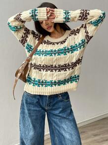 SHEIN Unity Suéter casual holgado de mujer con cuello redondo, mangas largas y hombros caídos, a rayas, de punto, para otoño e invierno - Multicolor - Ver 4