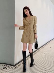 DAZY Solid Color Double-Breasted Elegant Long Sleeve Mini Dress For Women,Fall Clothes - Apricot - View 8
