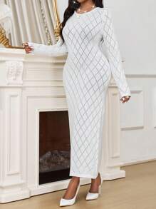 SHEIN Lady Vestido de suéter elegante bohemio blanco de lana peinada de cuello redondo recto con recorte calado de manga larga y talla grande para otoño e invierno - Blanco - Ver 4