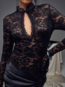 Stand Collar Front Cut-Out Puff Sleeve Bodycon Midi Dress - Black - View 3