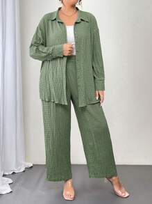 SHEIN LUNE 2 件大码纯色前纽扣长袖上衣和裤子套装