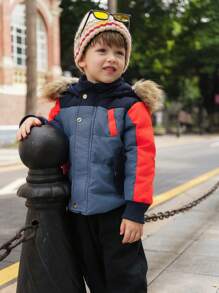 SHEIN Young Boy Hooded Patchwork Long Sleeve Casual Padded Coat