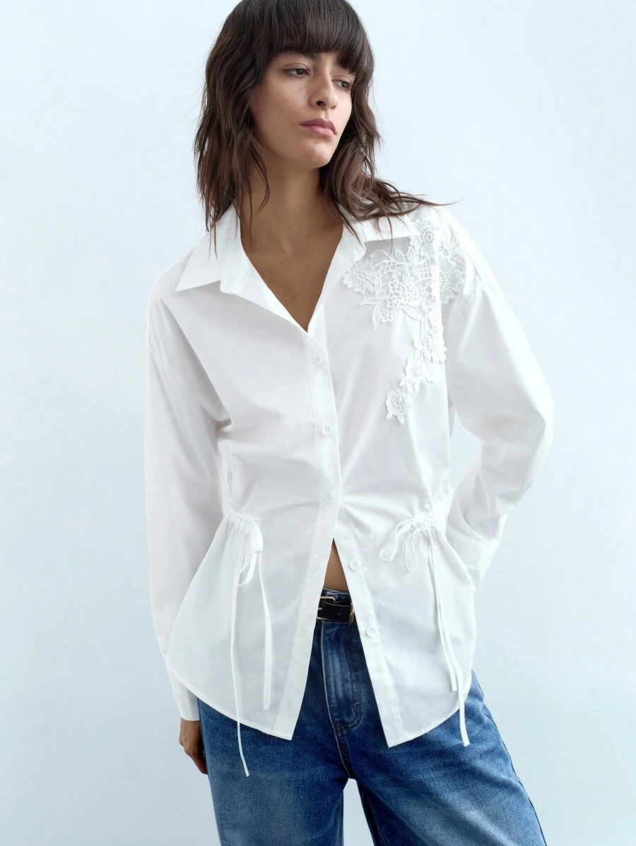 Maija Donna Camicetta Bianca con Bottoni, Applicazioni Ricamate, Chiusura con Fiocco, Maniche Lunghe Tinta Unita, Top Floreale Ampio