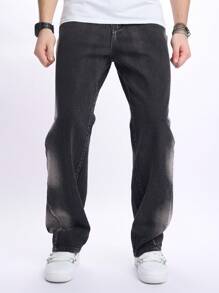 Manfinity EMRG Jeans diritti con gamba ampia e lavaggio sfumato, stile casual da uomo