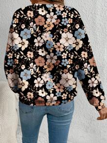 SHEIN LUNE Casual Oversized Black Floral Print Crew Neck Long Sleeve Sweatshirt For Women, Suitable For Autumn