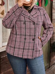 Plus Size Plaid Lapel Side Pockets Double-Breasted Overcoat - Red - View 4