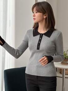 DAZY Suéter elegante de manga larga de punto con ribete contrastante y botones delanteros para mujeres