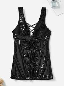 Plus Size Sexy Cross Back Cami Chemise Lingerie - Black - View 2