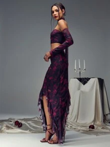 TypaGal Flower Print Flounce Hem Mermaid Skirt