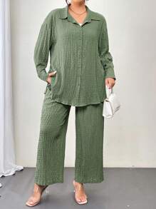 SHEIN LUNE 2 件大码纯色前纽扣长袖上衣和裤子套装