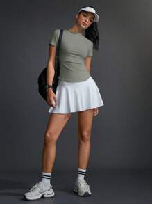 Exploreva 女士纯色圆领插肩短袖休闲健身运动 T 恤 - 灰色 - 查看 6