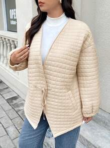 SHEIN Frenchy Abrigo acolchado holgado en tono beige de talla grande, con cierre ajustable con cordón, forro térmico, para invierno - Albaricoque - Ver 4