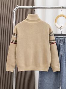 Tween Boy Khaki Plaid Jacquard Knit Sweater, Suitable For Commuting, School, Casual, College, Sports,In Fall/Winter - Khaki - View 2
