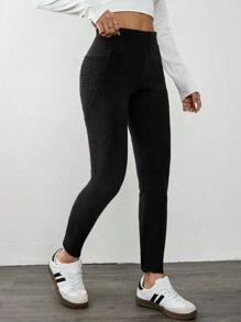 Muchica Solid Wide Waist Leggings - Black - View 3