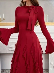 Modelyn Vestido largo de noche elegante con cuello de lazo, mangas largas acampanadas, dobladillo con volantes y cintura ajustada en línea A - Rojo - Ver 3