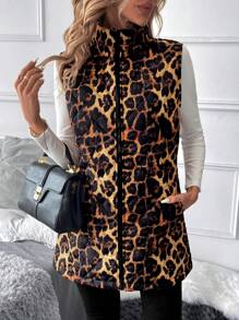 SHEIN Clasi 女士休闲日常拉链豹纹印花加垫背心夹克，秋冬季 - 彩色 - 查看 7