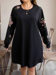 SHEIN LUNE Plus Size Women Floral Print Long Sleeve Knee-Length Loose Casual Dress For Autumn Holiday Outfit Holiday Party Dress Plus Dress