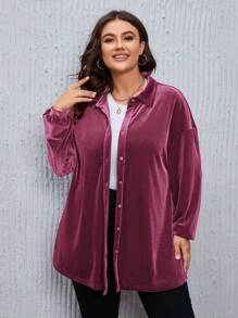 SHEIN LUNE 大尺碼女款秋季法蘭絨布料寬鬆休閒 90 年代風格襯衫 秋冬正式辦公穿搭 - 淺灰紫 - 查看 6