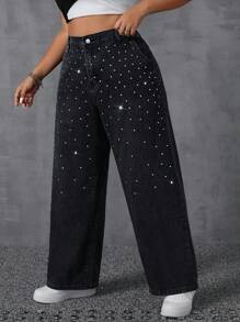 SHEIN ICON Quần Jeans Ống Rộng Đính Đá Rhinestone Size Lớn Cho Nữ - màu đen - Xem 5