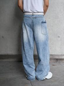 Manfinity Hypemode Jeans décontractés en denim lavé ample pour hommes, jeans bleus amples lavés unis. Idéal pour le mari, cadeau pour le petit ami