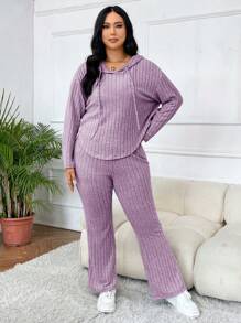 SHEIN EZwear 2 件/套大码女式休闲连帽运动衫和喇叭裤 - 紫丁香色 - 查看 5