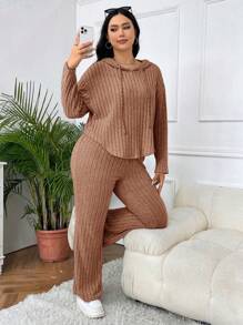 SHEIN EZwear Bộ 2 món đồ len trùm đầu thường ngày cỡ lớn - Lạc đà - Xem 6