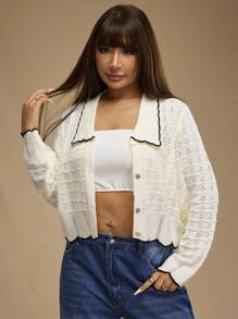 Forever 21 Áo len cardigan dệt kim dài tay khoét lỗ viền tương phản màu be cỡ lớn thời trang dành cho nữ, mùa thu/đông - Màu be - Xem 6