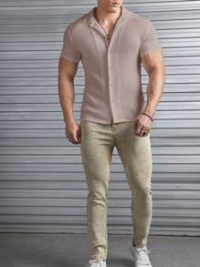 Manfinity VCAY 男士休闲纯色华夫格短袖纽扣衬衫，夏季