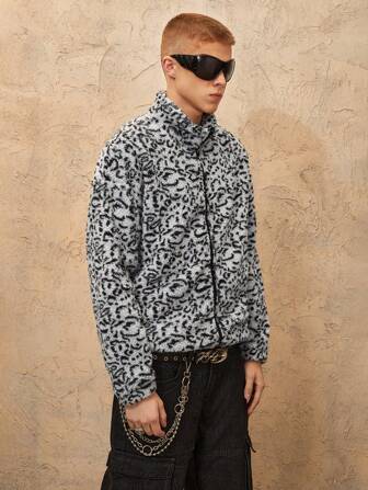 Grunge Punk Men Leopard Print Allover Jacket