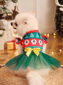 PETSIN 可爱圣诞树印花条纹薄纱狗狗连衣裙 - 彩色 - 查看 4