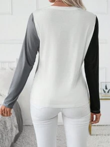 EMERY ROSE Women's Casual Colorblock Geometric Print Round Neck Long Sleeve T-Shirt, Autumn Fall Cloth For Women - Multicolor - View 2